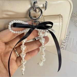 Faux Pearl and Black Ribbon Keychain Purse Charm